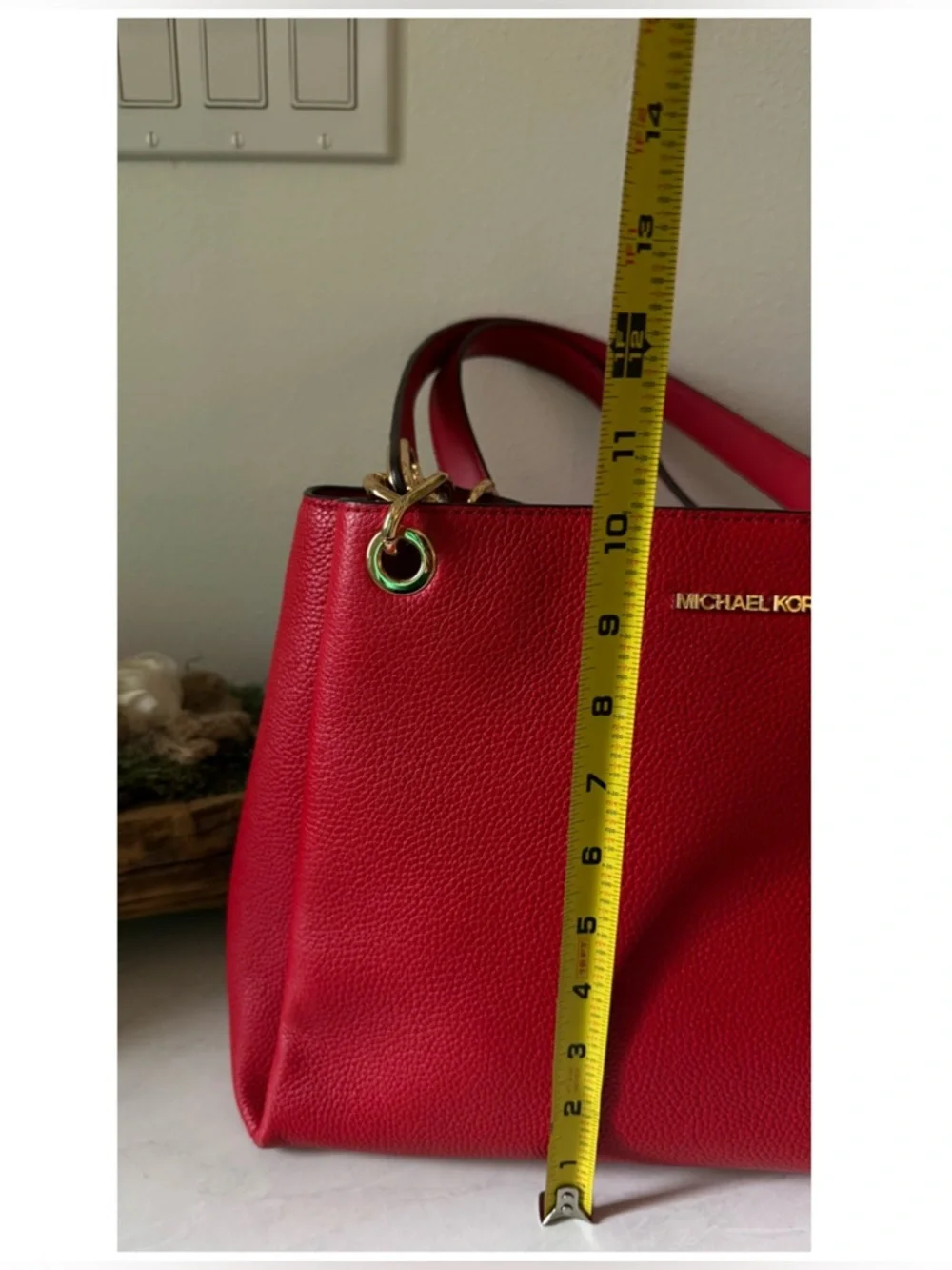 Michael Kors Red Pebble Leather Shoulder Tote with Gold Hardware
